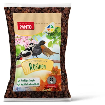 ROSINEN 10x1 kg Eine Tüte Panto Premium-Vogelsnacks, die farbenfrohe Illustrationen von Spechten, Amseln und Rotkehlchen zeigt, mit dem Text "Fruchtige Energie."