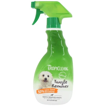 TropiClean Tangle Remover spray bottle, 16 fl oz, featuring a white dog on the label, claims to reduce brushing time by 50%.