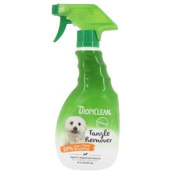 TropiClean Tangle Remover spray bottle, 16 fl oz, featuring a white dog on the label, claims to reduce brushing time by 50%.