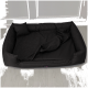 Ein elegantes, schwarzes Hundebett mit einem großen, entspannten Hund darauf, das ein modernes Design für Haustiere zeigt.