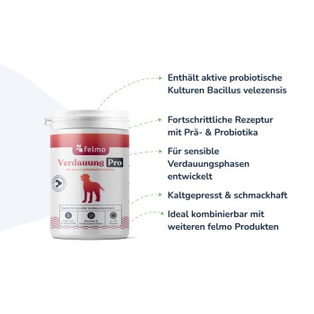 Weißer Behälter mit der Aufschrift 'felmo Verdauung Pro', roter Hundesilhouette und deutscher Merkmaleliste, die Probiotika und Verdauung hervorhebt