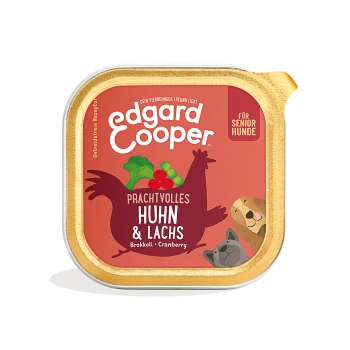 Edgard Cooper Hundefutter für Senioren, mit einem bunten Design mit Huhn, Brokkoli und Cranberry. Der Text lautet "Prachtvolles Huhn & Lachs."