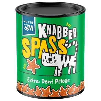 Grüne Dose von Nutri QM 'KNABBER SPASS' Katzensnacks, cartoonartige gestreifte Katze, sternförmige Leckerchen und sichtbarer Text 'Extra: Dent Pflege'