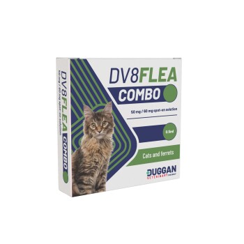 Box of DV8FLEA Combo spot-on flea solution for cats and ferrets (0.5 ml, 50 mg/60 mg) showing cat photo and Duggan Veterinary logo