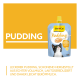 GimCat Pudding Katzenleckerli-Beutel mit schwarz-weißem Kater auf blauer Packung, gelber Hintergrund und großem Schriftzug 'PUDDING'