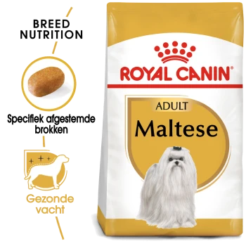 Royal Canin Adult Maltese hondenvoerzak met een illustratie van een Maltese hond, met tekst die de voedingsbehoeften van het ras en de voordelen voor een gezonde vacht benadrukt.