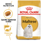 Royal Canin Adult Maltese hondenvoerzak met een illustratie van een Maltese hond, met tekst die de voedingsbehoeften van het ras en de voordelen voor een gezonde vacht benadrukt.