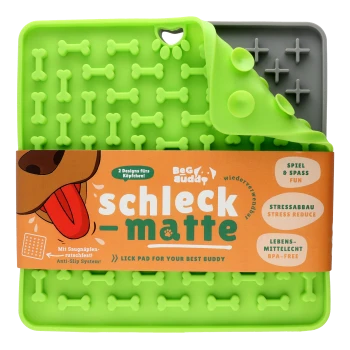 Grüne Silikonleckmatte mit Knochenmustern, mit einem Etikett, das "Beg Buddy Schleck-Matte" liest und Stressabbau sowie BPA-frei hervorhebt.