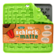 Grüne Silikonleckmatte mit Knochenmustern, mit einem Etikett, das "Beg Buddy Schleck-Matte" liest und Stressabbau sowie BPA-frei hervorhebt.