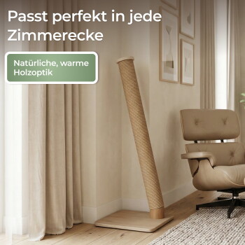 Holzener Sisal-Eck-Kratzpfosten in einem beigen Raum; Text: 'Passt perfekt in jede Zimmerecke, Natürliche, warme Holzoptik'.