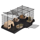 Schwarzer Drahtkäfig für Kleintiere mit Meerschweinchen in Stoffhängematten, Holzhöhle, Futternäpfen und einer angebrachten Trinkflasche