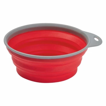 Red collapsible pet bowl with a gray rim, designed for easy storage and portability.