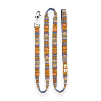 Bunte gemusterte Hundeleine mit geometrischen Designs in Orange, Pink, Blau und Grün, mit einem Metallclip zur Befestigung.