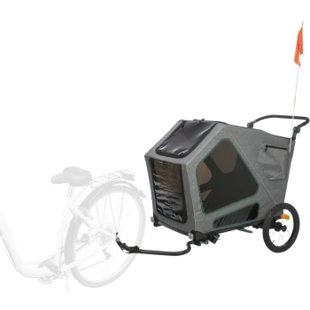 Grauer Haustieranhänger mit einer transparenten Front, an einem Fahrrad befestigt, mit einer Sicherheitsflagge und einem Griff für einfaches Manövrieren.