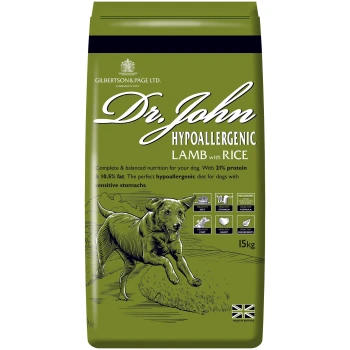 Lamm mit Reis 4 kg Grüne Tüte Dr. John hypoallergenes Lamm mit Reis Hundefutter, 15 kg. Enthält 21% Protein, 10,5% Fett und fördert eine gesunde Ernährung und ein gesundes Fell.