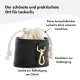 Schwarze Leckerli-Tasche für Haustiere mit Kordelzugverschluss, ausgestattet mit einem goldenen Clip zur Befestigung und beschrifteten Details auf Deutsch.