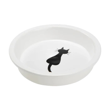 White ceramic cat food bowl featuring a black silhouette of a cat on the interior.