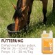 Nahaufnahme eines Pferdes, das aus einem Eimer frisst, mit einer Flasche Supravit Leinöl Futterzusatz und deutschem Text "Einfach zu füttern gemischt unters Futter".