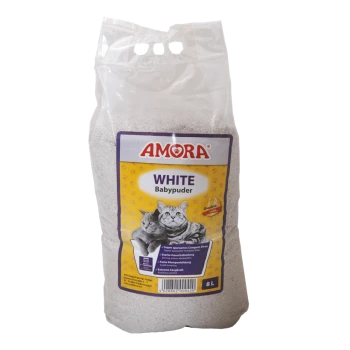 Beutel AMORA WHITE Babypuder Katzenstreu, gelbes Etikett mit zwei Katzen, 8 L.