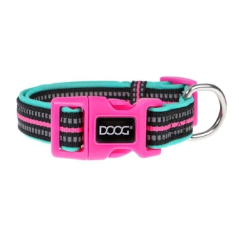 Neoprene Dog Collar RIN TIN TIN (Neon) S Bunter Hundehalsband mit einer pinken Schnalle, schwarzen und türkisfarbenen Riemen mit pinken Streifen und einem metallischen D-Ring zur Leinenbefestigung.