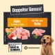 Hundefutterwerbung mit Huhn, Kürbis und Apfel, Hähnchenfilet, einem glücklichen Golden Retriever und Text "Doppelter Genuss!" und "Made in Germany."