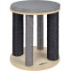 Runder Holz-Kratzhocker für Katzen mit gepolstertem grauem Sitz, vier mit Sisal umwickelten Säulen (schwarz und grau) und 'AniOne'-Logo an der Basis.