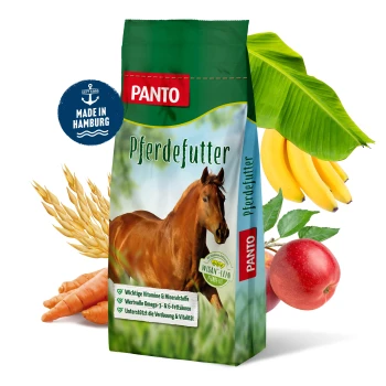 PANTO Pferdefutterbeutel mit einem braunen Pferd, Karotten, Äpfeln, Bananen und Weizen. Hebt Vitamine, Mineralien und Verdauungsunterstützung hervor.
