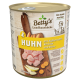 Dosenfutter für Hunde mit der Aufschrift "Huhn" mit Huhn, Süßkartoffel, Karotte und Birne. Zeigt ein Holzbrett mit Zutaten und Nährwertangaben.
