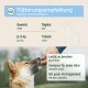 Hand füttert einen Hund neben dem Hinweis 'Fütterungsempfehlung' — 'je 5 kg = 1 Snack'; 'Leicht zu brechen; Geeignet für jedes Alter'.