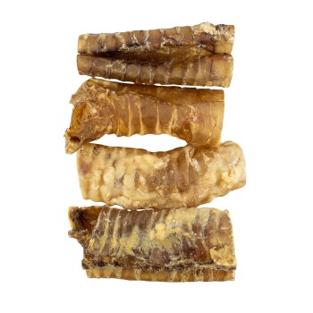 Vijf stukken hondensnoepjes, variërend in kleur van licht tot donkerbruin, horizontaal gestapeld tegen een witte achtergrond.