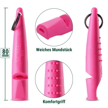 Pinkfarbene ACME 211,5 Hundepfeife mit Schlüsselring, 80 mm lang, weichem Mundstück und Komfortgriff.