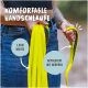 Eine Person hält eine leuchtend gelbe Neopren-Haustierleine, beschriftet mit "Komfortable Handschlaufe," "1,5cm Breite," und "Gepolstert mit Neopren."