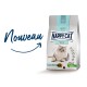 Sac de nourriture pour chat Happy Cat Sensitive avec un chat gris duveteux, étiqueté pour les chats de plus d'un an, avec le texte "Nouveau" en cursive.