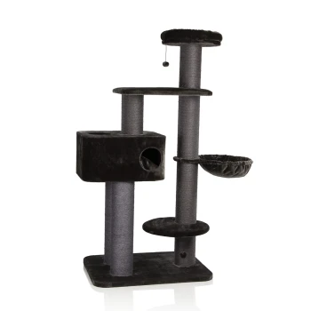 Schwarzer Katzenbaum mit mehreren Ebenen, einem gemütlichen Versteck, Kratzpfosten und einem hängenden Spielzeug.