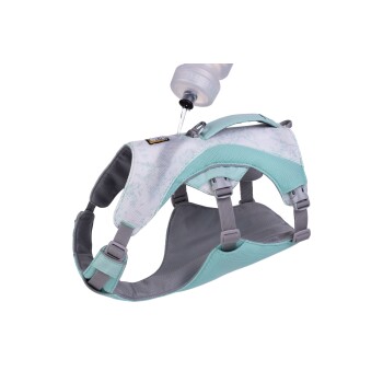 Ein hellblaues und graues Haustiergeschirr mit verstellbaren Riemen, das mit Wasser aus einer Flasche gefüllt wird, um sein Design und seine Funktionalität zu zeigen.