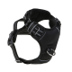 Schwarzes gepolstertes Hundegeschirr mit reflektierenden Streifen, verstellbaren Riemen, Metall-D-Ring und „DOOG“-gebrandeten Schnallen.