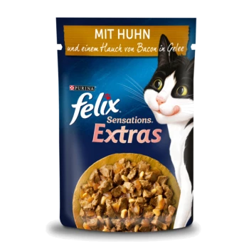 Opakowanie karmy dla kotów z serii Felix Sensations Extras z kurczakiem i nutą bekonu w galaretce, obok uśmiechniętego czarno-białego kota.