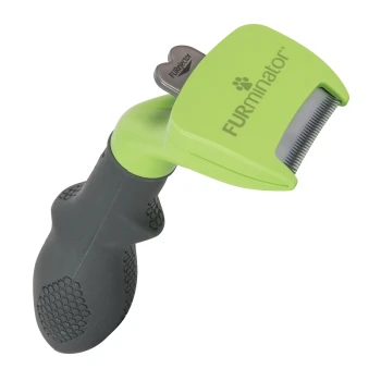 dog S Long hair FURminator pet grooming tool with a green and gray ergonomic handle, featuring a stainless steel edge for removing loose fur.