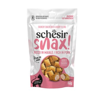 Schesir Snax! pouch of crunchy pet snacks, rich in pork; added taurine & vitamins; 60g; "2 kcal per snack"