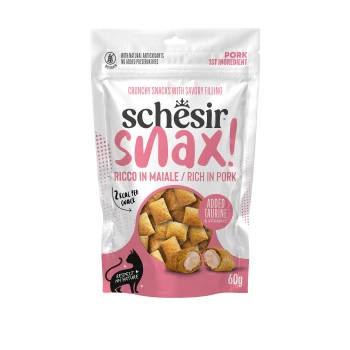 Schesir Snax! pouch of crunchy pet snacks, rich in pork; added taurine & vitamins; 60g; "2 kcal per snack"