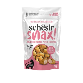 Schesir Snax! pouch of crunchy pet snacks, rich in pork; added taurine & vitamins; 60g; "2 kcal per snack"