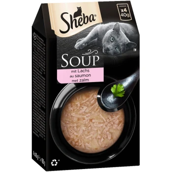 Soup Lachs 4x40g Sheba Soup Katzenfutterverpackung mit einer grauen Katze, mit einer Schüssel Suppe, die zerrissenem Fisch und einem mit Petersilie garnierten Löffel enthält.