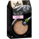 Sheba Soup Katzenfutterverpackung mit einer grauen Katze, mit einer Schüssel Suppe, die zerrissenem Fisch und einem mit Petersilie garnierten Löffel enthält.