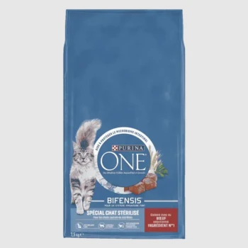 Sac de nourriture pour chat Purina ONE Bifensis, 7,5 kg, présentant un chat gris et un texte mettant en avant les avantages pour les chats stérilisés.