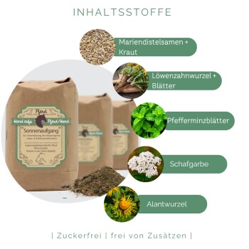 Kräuterergänzung für Pferde und Hunde mit Mariendistelsamen, Löwenzahnwurzel, Pfefferminzblättern, Schafgarbe und Alantwurzel.