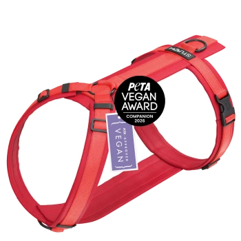 Ein leuchtend rotes Hundegeschirr mit verstellbaren Riemen und einem Metall-D-Ring, mit einem Etikett, das 'PETA APPROVED VEGAN' liest.
