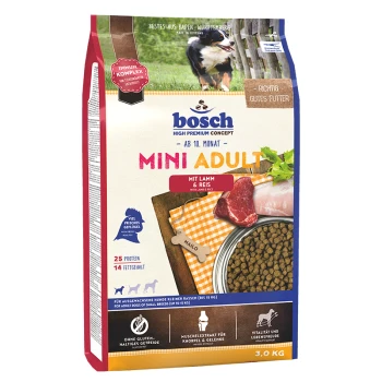 Bosch Mini Adult Hundefuttertüte, die Lamm und Reis enthält, mit einem Foto eines Hundes, Nährwertinformationen und Angaben zu glutenfrei und Gelenkunterstützung.