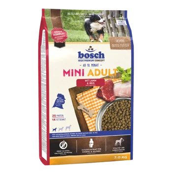 Bosch Mini Adult Hundefuttertüte, die Lamm und Reis enthält, mit einem Foto eines Hundes, Nährwertinformationen und Angaben zu glutenfrei und Gelenkunterstützung.