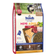 Bosch Mini Adult Hundefuttertüte, die Lamm und Reis enthält, mit einem Foto eines Hundes, Nährwertinformationen und Angaben zu glutenfrei und Gelenkunterstützung.