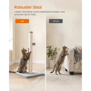 Geteilte Anzeige: links Katze nutzt Sisalpfosten ('Mit'), rechts Katze kratzt zerfetztes Sofa ('Ohne'); 'Robuster Sisal'.